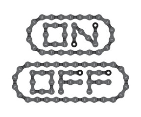 Vector text ON and OFF created from realistic bike chain. Isolated on white background.