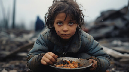 Hungry starving poor little child looking at the camera in the midst of war ruins - obrazy, fototapety, plakaty