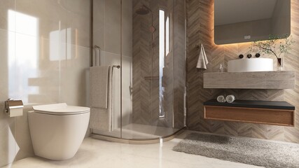 Luxury beige bathroom with tempered glass curved shower room enclosure, vanity counter, washbasin,...