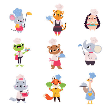 Cute Animals Chef Character in Uniform Cooking Meal Vector Set