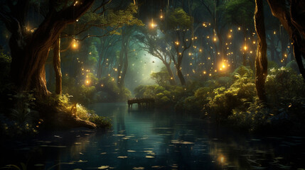 Magical lights sparkling in forest at night, firefly, fantasy fairytale scenery