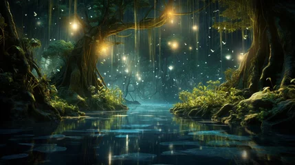 Gordijnen Magical lights sparkling in forest at night, firefly, fantasy fairytale scenery © AlexCaelus