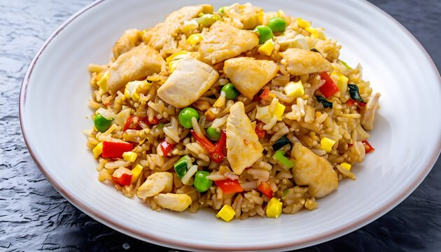 Chinese fried rice with eggs,  chicken and vegetables, food, meal, plate, dinner, vegetable, dish, meat, lunch, healthy, delicious, cooked, restaurant