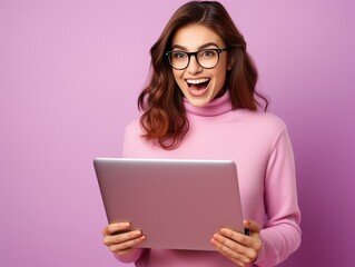 Generative AI : Photo of hooray brunette young lady hold laptop wear violet turtleneck eyewear isolated on pink background