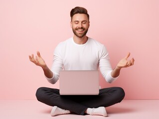 Generative AI : Photo of hooray brunette young lady hold laptop wear violet turtleneck eyewear isolated on pink background