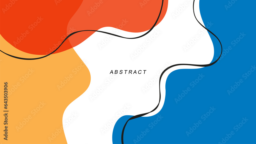 Poster Flat colors. Abstract background with various dynamic liquid shapes and black outlines for creative graphic design. Vector illustration.