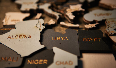 Algeria, Libya and Egypt of wooden map of African continent