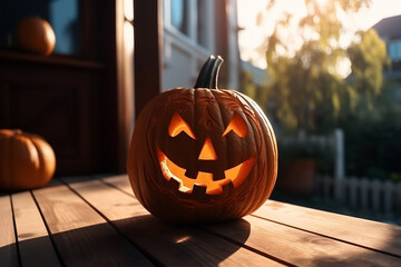Glowing carved Halloween pumpkin lantern with spooky face