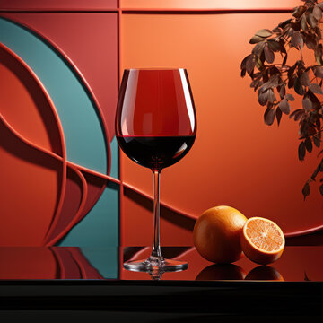 an acrylic glass of red wine is reflected in a red background, ai generated.