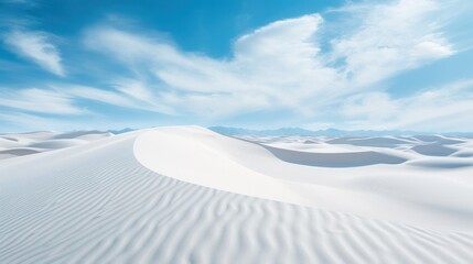 Fototapeta na wymiar Endless desert with white sand stretching across the primeval desert. Landscape photography, desert background with patterns of sand waves against the blue sky