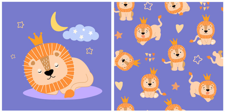 Childish pattern with a cute sleeping lion cub in a crown,  seamless pattern. For children's clothing, fabrics, wallpapers, wrapping paper, textiles, T-shirt prints. Hand drawn vector graphics