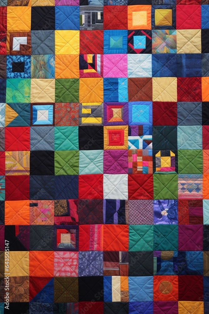 Poster generative ai : a patchwork quilt laid out flat, each square representing different people from a co