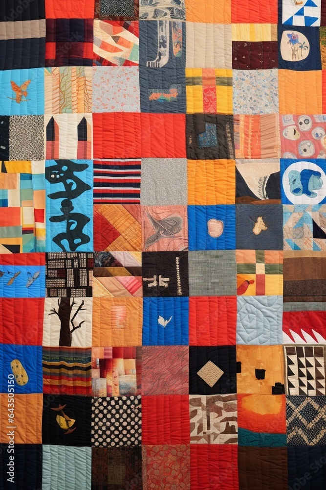 Aufkleber generative ai : a patchwork quilt laid out flat, each square representing different people from a co