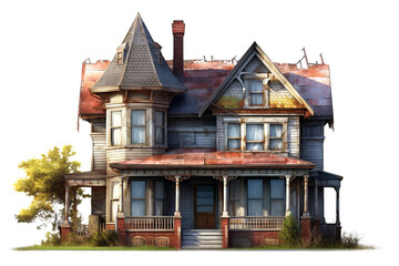 Fototapeta na wymiar Victorian style house with turret and porch in a lush garden setting isolated on transparent Background - high quality PNG