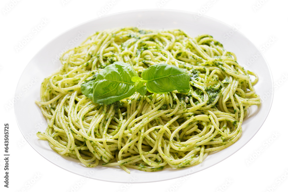 Wall mural plate of pasta with pesto sauce isolated on a transparent background