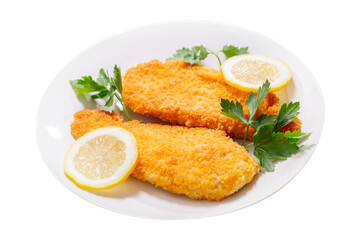 plate of chicken schnitzel isolated on transparent background