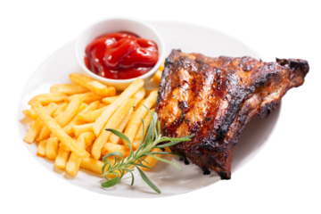 plate of grilled pork ribs with french fries isolated on transparent background