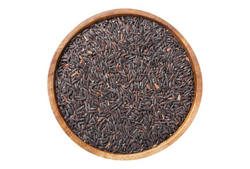 Bowl of black rice isolated on transparent background, top view