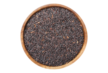 Bowl of black rice isolated on transparent background, top view