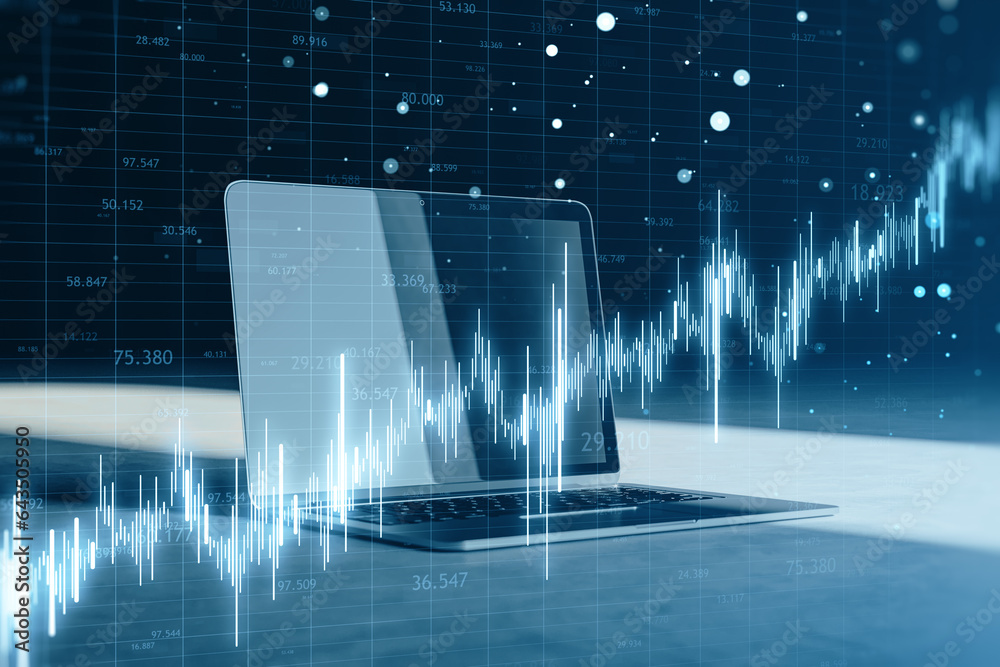 Poster close up of laptop on desk with glowing candlestick forex chart on blurry background. trade, finance
