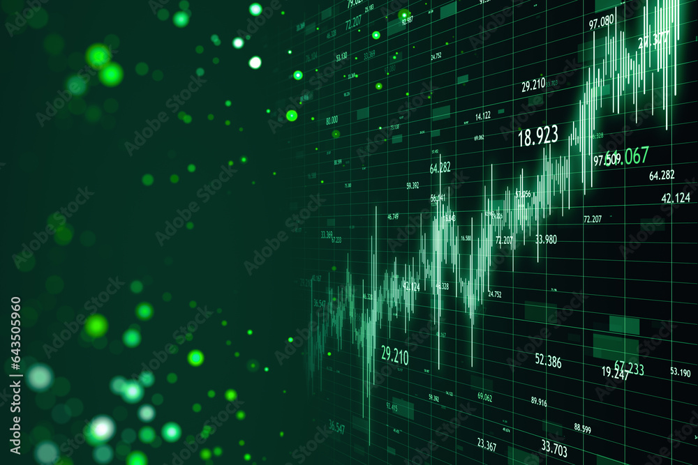 Poster Creative web landing page with glowing candlestick forex chart on blurry backdrop. Trade, finance and index concept. 3D Rendering.