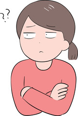 腕組みしながら悩んでいる私服の若い女性(上半身)