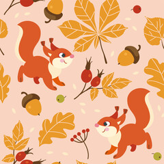 Colorful autumn seamless pattern with cute squirrel, acorn, rosehip, leaves in flat style. Endless texture for fabric, clothes, background, textile, wallpaper. Vector illustration. © Vera