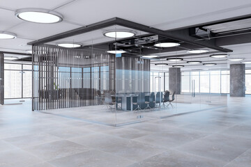 Modern glass and concrete conference room interior with furniture and windows with daylight. 3D Rendering.