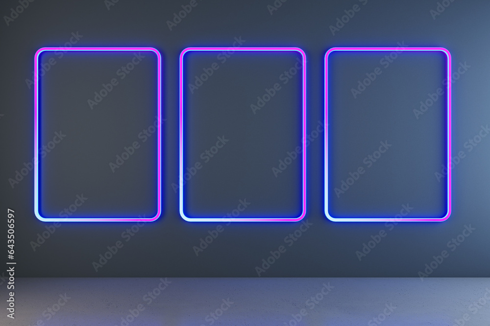 Poster modern dark neon blue gallery interior with mock up frames on concrete wall. future concept. 3d rend