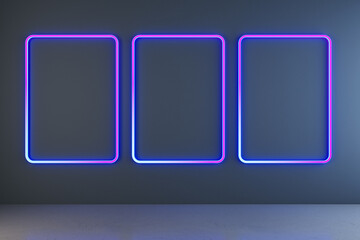 Modern dark neon blue gallery interior with mock up frames on concrete wall. Future concept. 3D Rendering.