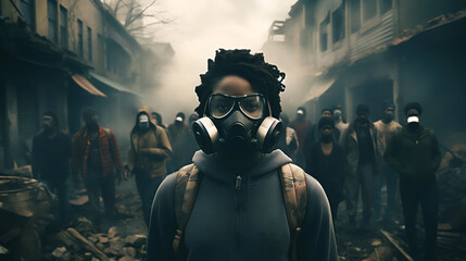 A powerful image depicting a distressed, urban neighborhood with dilapidated buildings, surrounded by smog-filled air. In the foreground, a diverse group of black individuals wear face masks - obrazy, fototapety, plakaty