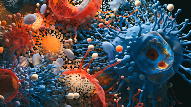 A vibrant microscopic image showcases immune cells, representing diverse colors, actively traversing a intricate, maze-like environment within the body, symbolizing their collective migratory prowess 