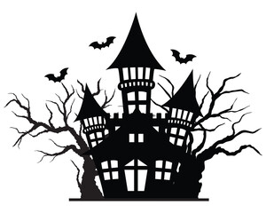Haunted house halloween with bat and dry tree