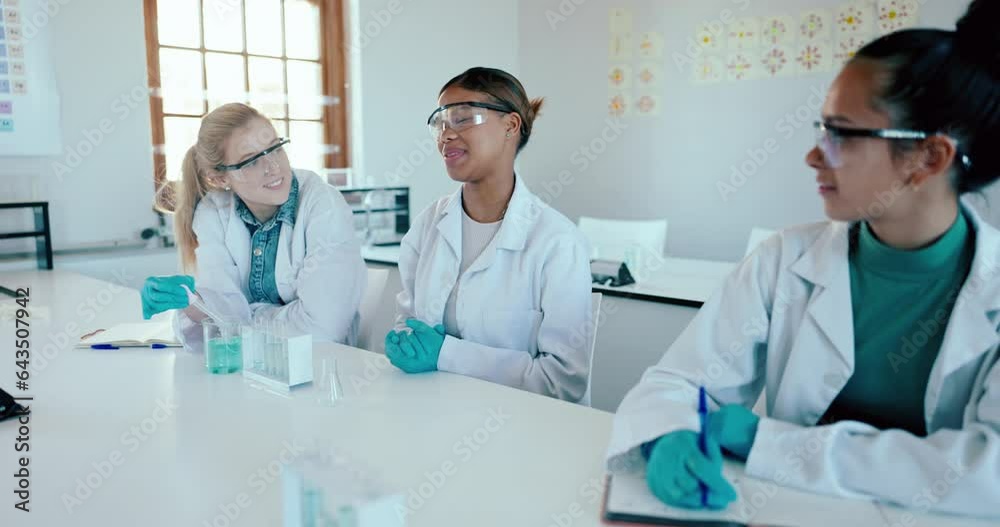 Aufkleber laboratory, student question and school for research, future scientist class or college table. answe