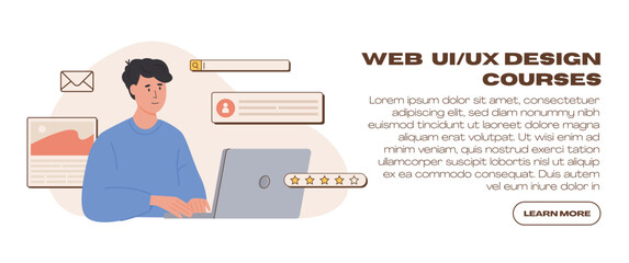 Young happy web UI UX designer working on laptop. Freelancer at work creating content. Website development. Online business, internet marketing, communication. Content manager. Vector illustration.