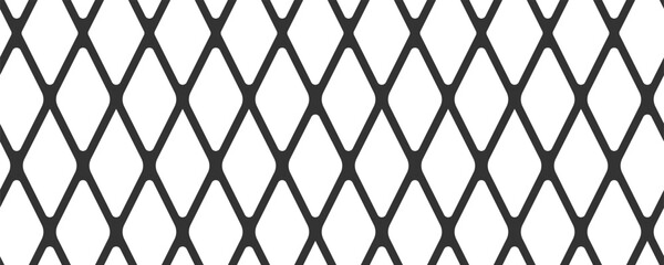 Diagonal cross line grid seamless pattern. Geometric diamond texture. Black diagonal line mesh on white background. Minimal quilted fabric. Metallic wires fence pattern. Vector illustration.