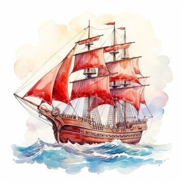 Watercolor illustration fairy tale ship at sea with red sails on white background.