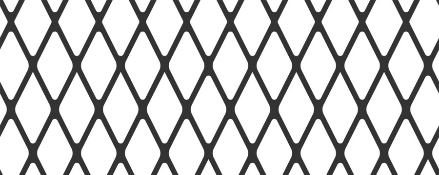 Diagonal cross line grid seamless pattern. Geometric diamond texture. Black diagonal line mesh on white background. Minimal quilted fabric. Metallic wires fence pattern. Vector illustration.