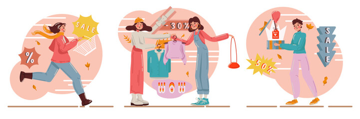 Set of young people buying clothes on Black Friday. Happy female holding basket and running to store. Young ladies choosing clothes in mall. Female buying present. Flat vector illustration