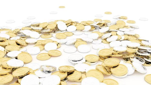 Currency gold silver coins on white able to loop seamless 4k
