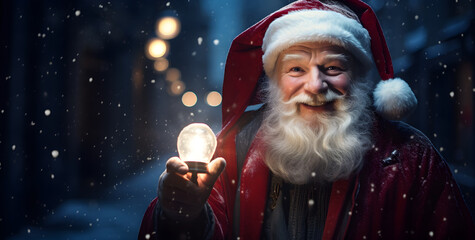santa claus in the night light in his hand 