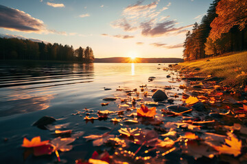 Autumn's Embrace Serene Lake Basks in the Golden Glow of Sunset Amidst the Vibrant Hues of Fal. created with Generative AI