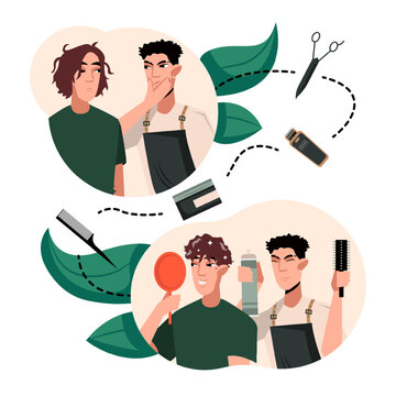 Barber in apron looking at client with long haircut and thinking how to cut hair. Smiling male holding mirror and looking at new haircut. Man visit barbershop. Flat vector illustration