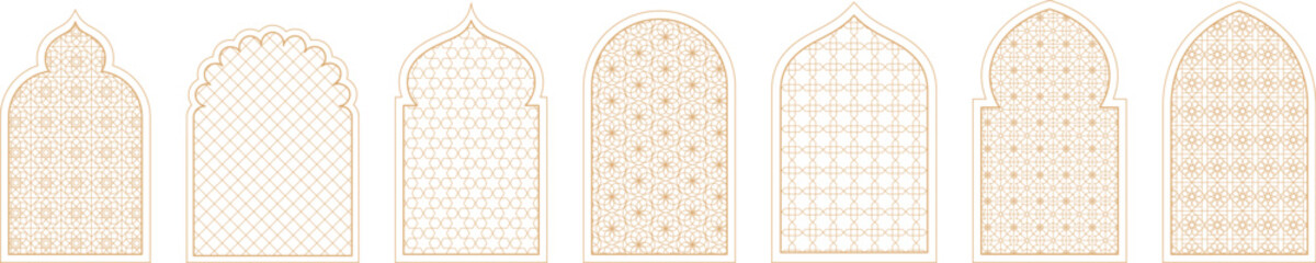 Arabian arc windows, mosque shapes graphic islam elements. Arab decorative window, muslim architecture ornate beautiful racy vector design - obrazy, fototapety, plakaty
