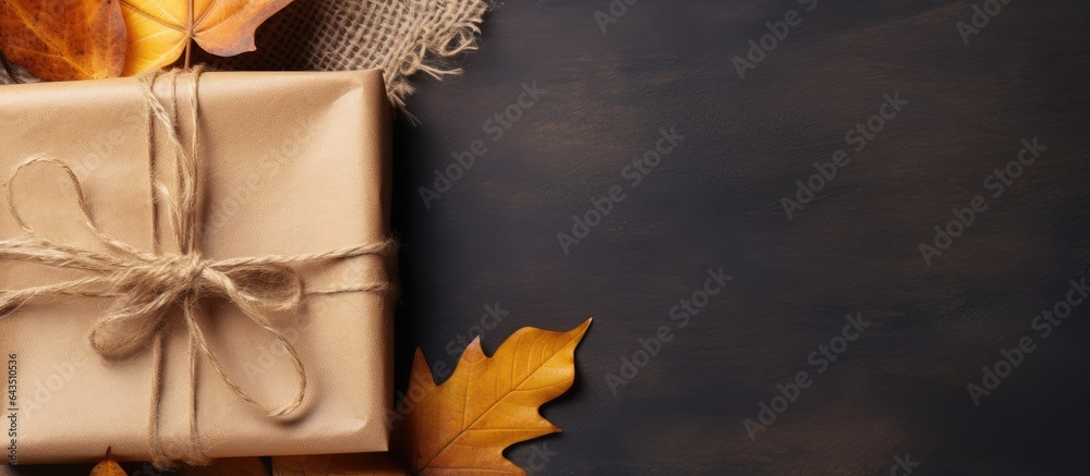 Aufkleber Autumn arrangement featuring dried leaves a wrapped gift placed in a corner on rustic linen background Top view copy space
