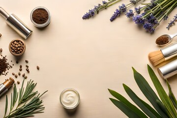 Fototapeta na wymiar Top view of beige background with moisturizer creams dry meadow herbs and natural extract for sensitive skin