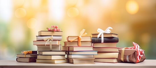 Celebration of book lovers with stack of books and text copy space