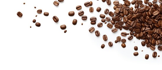 Coffee beans falling like rain isolated on white background