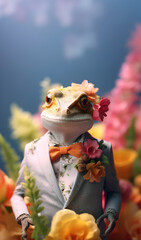 Creative animal concept. Gecko reptile in smart suit, surrounded in a surreal garden full of blossom flowers floral landscape. advertisement commercial editorial banner card