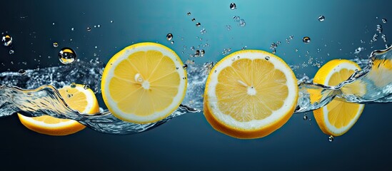Lemon slices falling into water with gray background